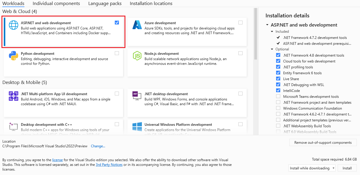 Visual Studio workload ASP.NET